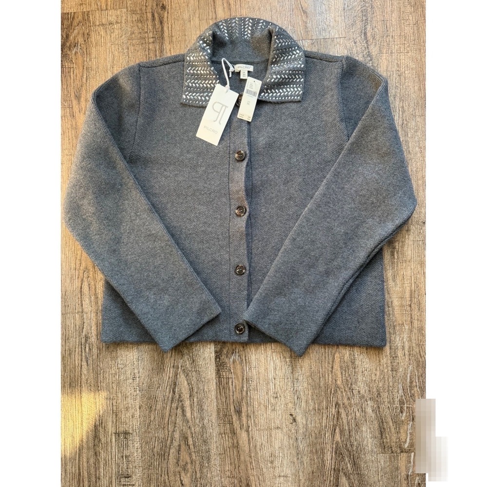 Pilcro Anthropologie Grey Embellished Collar Cardigan Sweater XL NWT Carbon